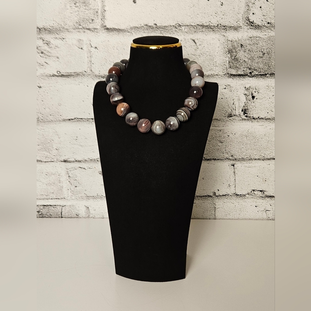 Botswana Agate Statement Necklace – Large Banded Stone Beads, Natural Gemstone
